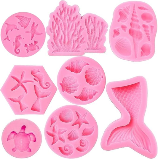 Mermaid Theme Cake Mold, Mermaid, Shell, Seaweed, Coral Silicone Mold Cupcake Toppers Mold for Candy,Chocolate,Fondant,Polymer Clay,Crafting Projects & Cake Decoration