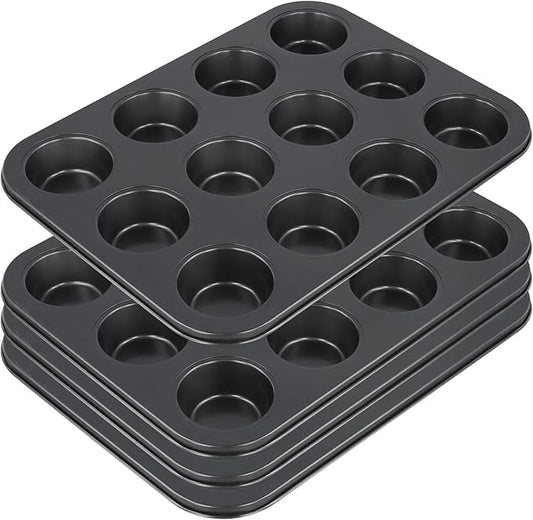 12-Cup Muffin Pan, Non-Stick Cupcake Baking Tin, 4 Pack Carbon Steel Cup Cake Tray for Oven Baking Cheesecake, Quiche, Easy Clean, Gray, 13.9"x10.4"x1.1"