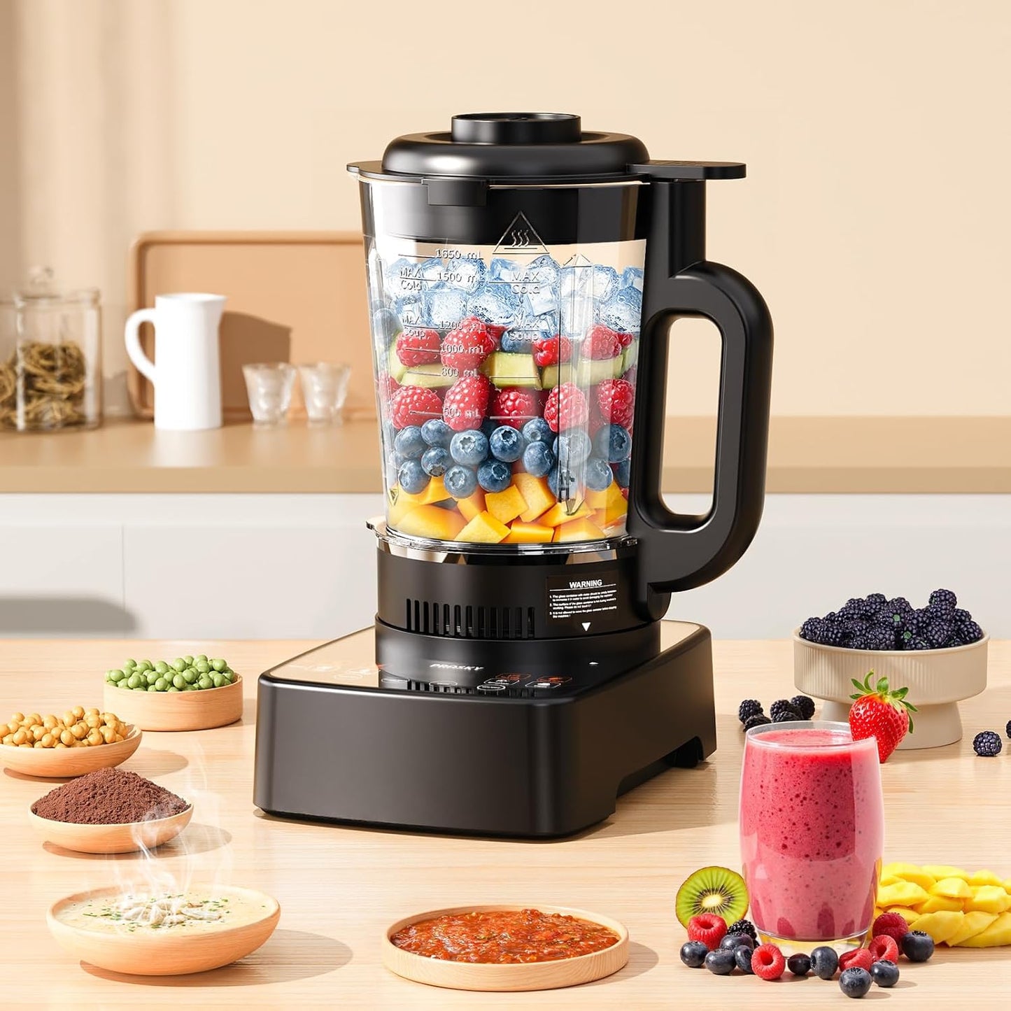 Blenders for Kitchen with Heating, PRASKY 1500W Professional Heating Blender 55oz Glass Jar,25000RPM Powerful Soy Milk Maker, Smoothies Blender, Auto Clean for Smoothies Soups Sauces (Black)