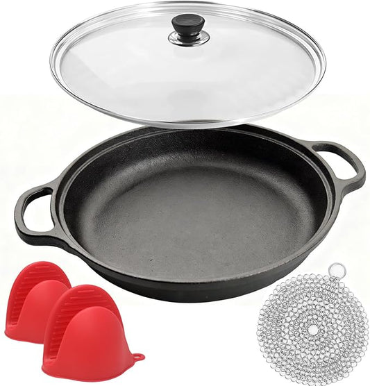 Cast Iron Skillet - Flat Bottomed Frying Pan with Assist Handles,Round Tempered Glass Lid, Cast Iron Scrubber,Silicone Oven Mitts for Stovetop,home baking ﻿ (8.5 inch)