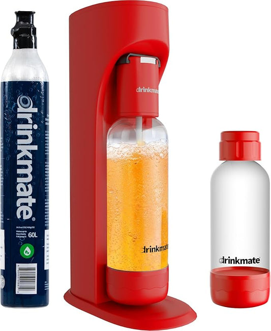 Drinkmate OmniFizz Sparkling Water Maker & Soda Streaming Machine | Carbonates Any Drink | SPECIAL BUNDLE | Includes 60L CO2 Cartridge + Two BPA-Free Bottles (Royal Red)
