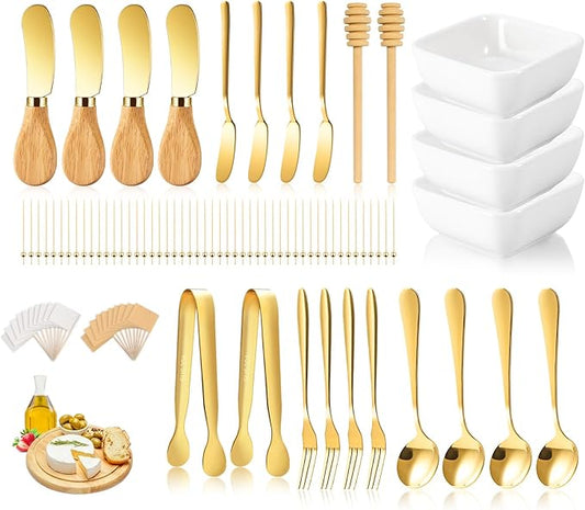 Charcuterie Board Accessories With 3 Oz Ceramic Dip Bowls, Wooden Handle Gold Cheese Spreader Butter Knive Set Kit, Mini Tongs, Spoons, Forks,Honey Dipper, Cocktail Picks
