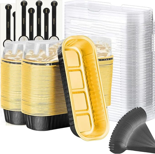 Findful Mini Loaf Baking Pans with Lids And Spoons (100 Pack, 6.8oz) Rectangle Aluminum Foil Baking Pans Tins Containers - Cupcake Containers Wrappers Cheesecake Creme Brulee Ramekins