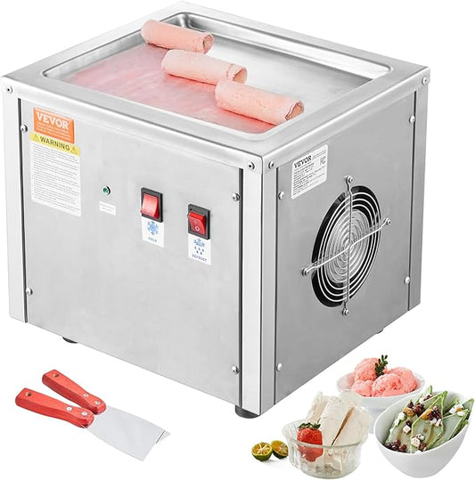 VEVOR Commercial Ice Roll Maker,Stir-Fried Yogurt Cream Machine 220W, Ice Cream Roll Machine with 9.4" x 11" Square Pan, Button Defrost Method with Food Shovels Perfect for Bars,Cafes Dessert Shops