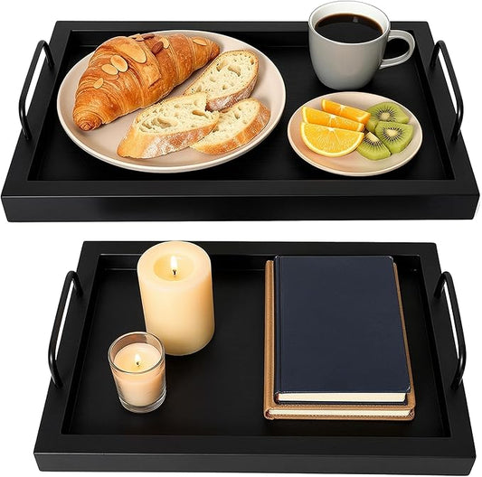 Besti Rustic Vintage Food Serving Trays (Set of 2) | Nesting Wooden Board with Metal Handles | Stylish Farmhouse Decor Serving Platters | Large: 15 x2 x11” - Small: 13 x2 x9” (Black)