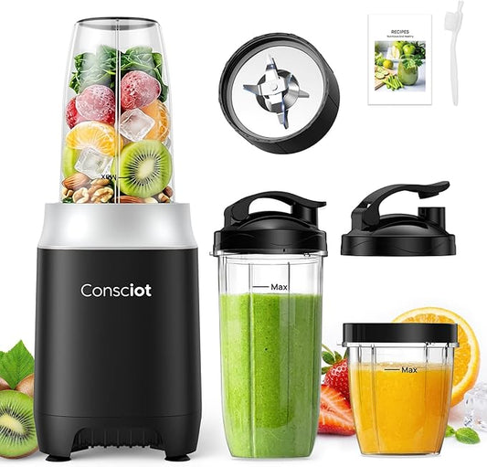 Consciot CB10 11Pcs Personal and Countertop Blender Combo, Make Shakes and Smoothies, Frozen Drinks, Baby Food, Spreads & More, 3 Portable BPA Free To-Go Cups, 2 Spout-Lids & 1 Flat-Lid, 900 Peak Watt
