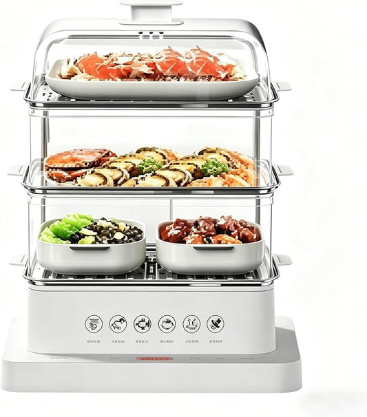 Electric Food Steamer, 32L 3-Tier Square Steamer, Food-Grade & Dishwasher-Safe, Juice Tray, 6 Preset Programs for Meat/Fish/Seafood/Grains, 10s 3D Steam, 12H Delay Start, Baby Food Steamer Pot