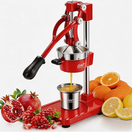 18 Inch Height Commercial Heavy Duty Cast Iron Hand Press Manual Orange Citrus Lemon Lime Grapefruit Pomegranate Fruit Juice Squeezer Machine with Stainless Steel Cup and Durable Base Red
