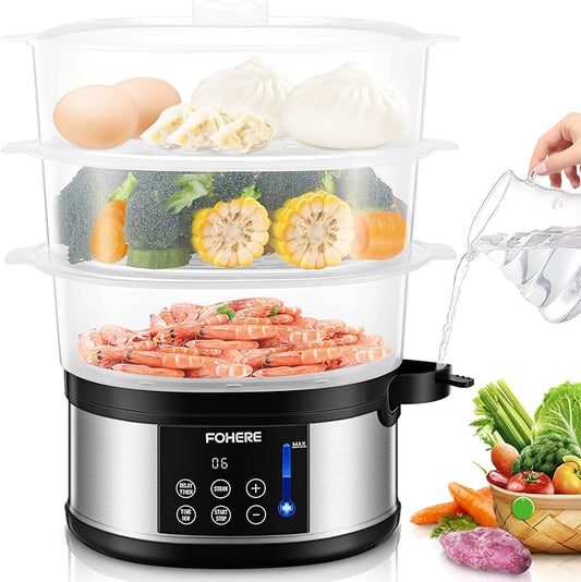 FOHERE Food Steamer for Cooking,13.7QT Vegetable Steamer with Stackable 3 Tiers BPA-Free Baskets,800W Electric Steamer Pot 60-Minute Timer, 24H Delay Start Timer for Veggies Seafood Rice