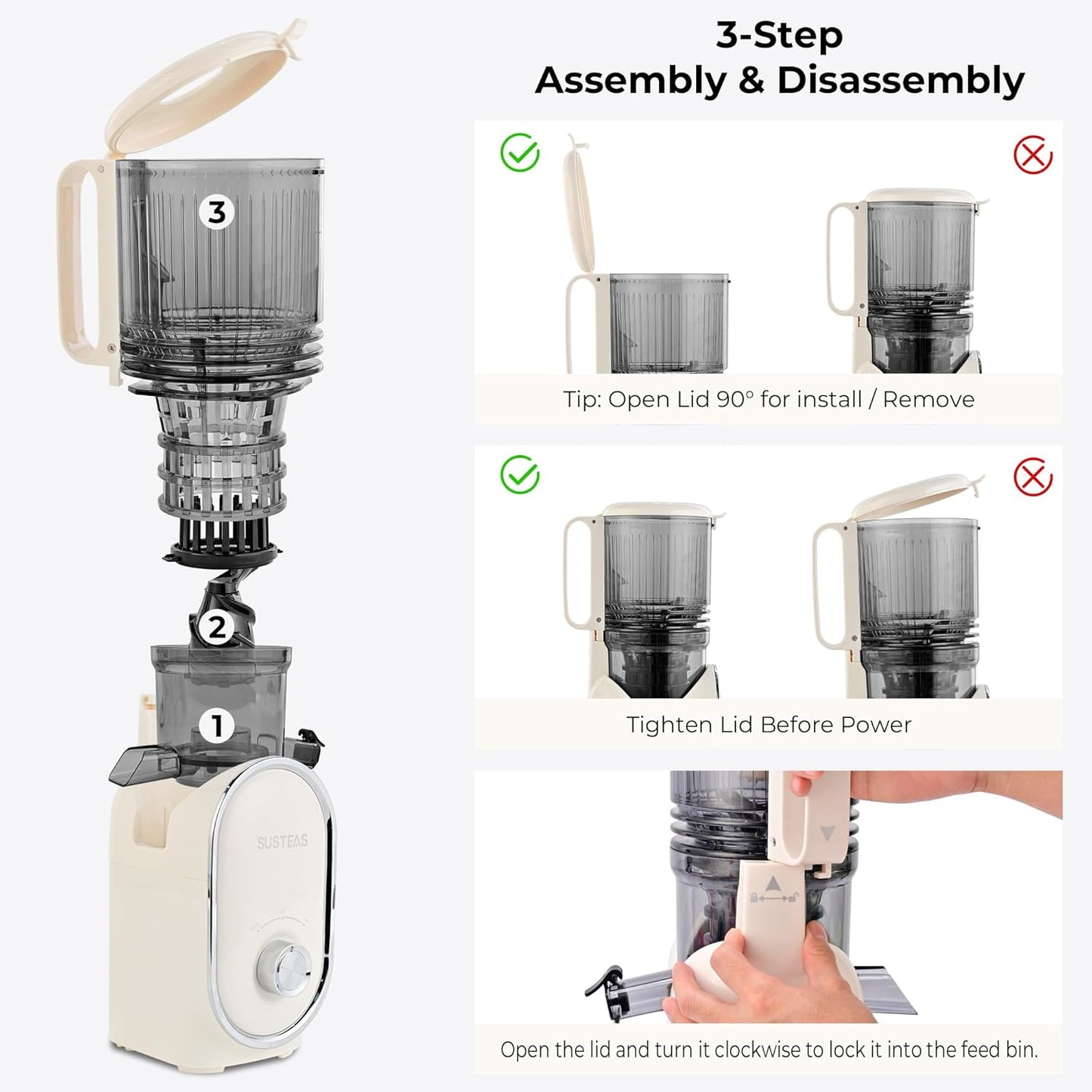 SUSTEAS Cold Press Juicer, 5.3" Feed Chute Slow Masticating Machines with 300W, Fit Whole Fruits & Vegetables, Easy to Clean, High Juice Yield, White