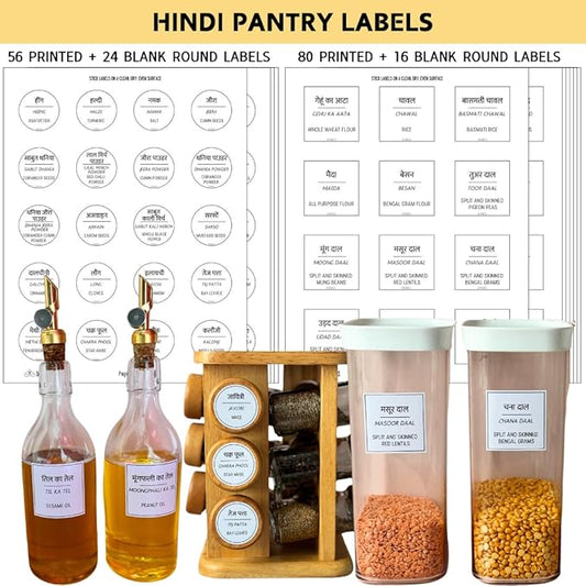 136 Printed Indian Hindi Bilingual Plus 40 Blank Kitchen Pantry Labels, Minimalist, Waterproof, Dishwasher-Safe, Easy to Remove and Re-Stick