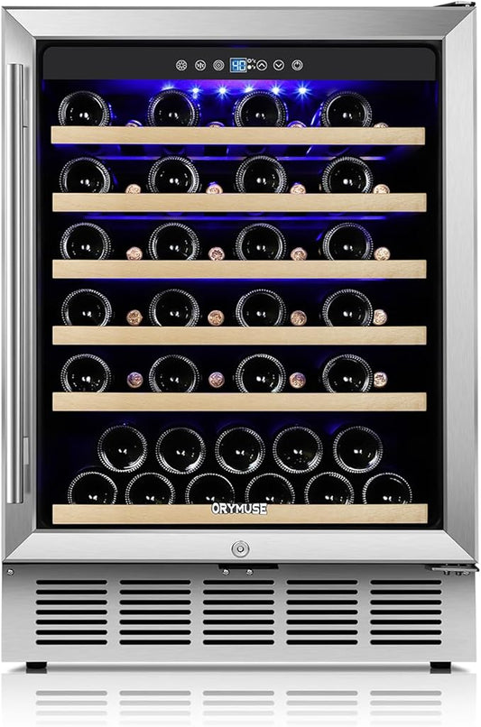 ORYMUSE 24 Inch Wine Fridge, 54 Bottle Wine Cooler Refrigerator with Stainless Steel Glass Door, LED Display, Upgraded Compressor, Built-In or Freestanding for Home Bar Kitchen