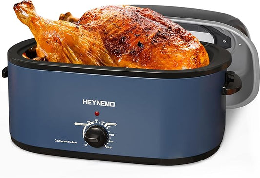 26QT Electric Roaster Oven, Electric Turkey Roaster with Viewing & Self-basting Lid, Stainless Steel Turkey Roaster Oven, Blue
