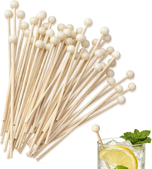 100PCS Rock Candy Sticks with Ball Tips,6 Inch Wood Swizzles Sticks,Natural Wood Cake & Drink Stirrer Sticks for Lollipop Coffee Appetizer Skewers (Natural wood)