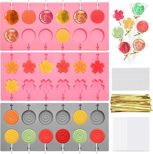 303Pcs Silicone Lollipop Molds Kit, Lollipop Maker Molds Set, Non-Stick Lollipop Candy Molds for Chocolate, 3D Flower Silicone Mold for Hard Candy with 100P Sticks, 100P Candy Bags, 100P Ties