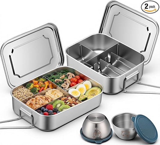2 Pack Stainless Steel Bento Box 5 Compartment Kit 50oz/1500ml Metal Bento Lunch Box Container with Handle and 2 Pcs 80ml Round Sauce Cups Leak Proof Lockable Clips for Kids or Adults
