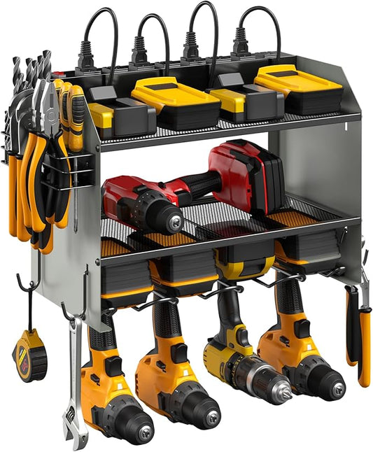 CCCEI Modular Power Tool Organizer Wall Mount with Charging Station. Garage Drill Storage Shelf with Hooks, Heavy Duty Rack, Tool Battery Holder Built in 8 Outlet. Gift for Men. Grey, 2 Pack.