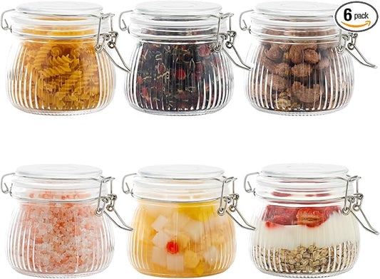 17oz Airtight Glass Jar with Lid, 6 Pack Clamp Lid Glass Storage Jars, Flip Top Food Storage Containers, Wide Mouth Thick Glass Jars for Yogurt Dessert Jam Sugar Snacks Pantry Kitchen Organization