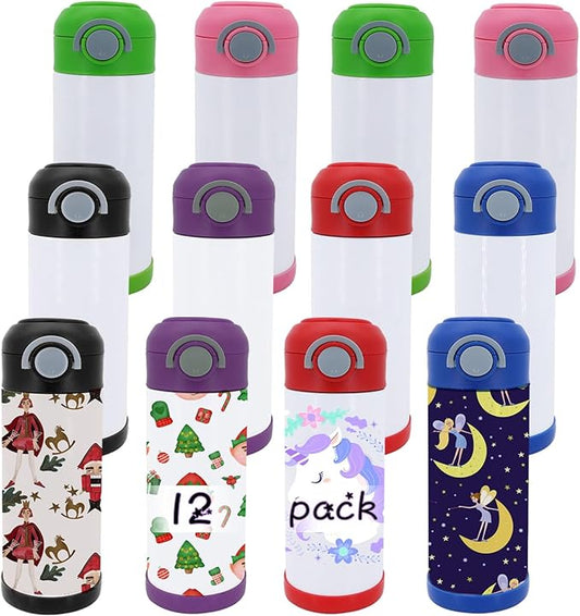 12 Pack 12 OZ Sublimation Straw Sippy Cup Spill Proof Blank Tumblers Mixed Color Stainless Steel Thermoses for Hot Drinks Double Wall Vacuum Insulated Water Bottle for School (12)