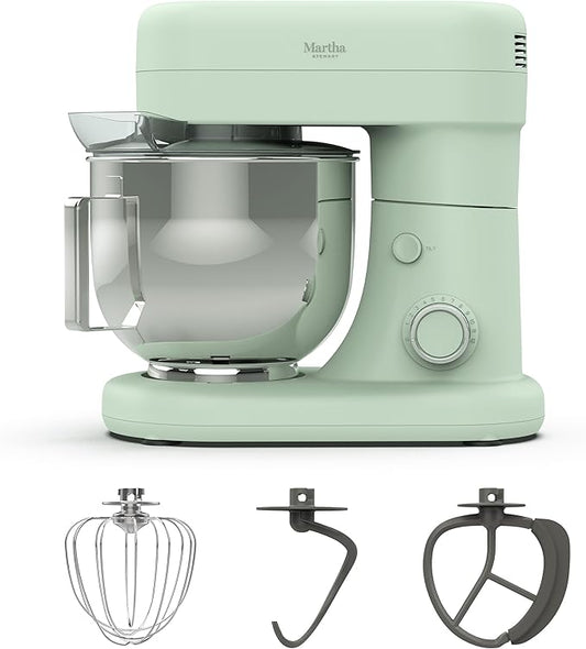 Martha Stewart  Tilt-Head Stand Mixer, 12 Speed, 5.3QT Stainless Steel Bowl, Splash Guard with Pour Chute, Whisk, Dough Hook, Flat Beater, Electric Kitchen Baking Mixer, Bread, Cake, Whip, Honeydew