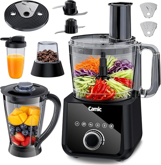 Camic Food Processor and Blender for Home Use, 600W, Blending, Grinding, Shredding, Slicing, Doughing, Meat and Vegetable Chopping, Ice Crushing, 6 Presets, Easy to Operate and Clean (Upgrade Version)
