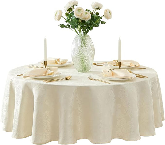 Newbridge Barcelona Luxury Damask Fabric Tablecloth, 108” Round, Antique White, 100% Polyester, No Iron, Soil Resistant Dining Room, Party and Banquet Table Cover