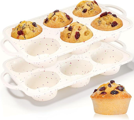 CAKETIME Large Muffin Pan, Metal Reinforced Frame 3.5 Inch Jumbo Silicone Muffin Pan Nonstick 6 Cups for Baking Jumbo Muffin, Frittatas, Jumbo Cupcakes 2 Pack Confetti