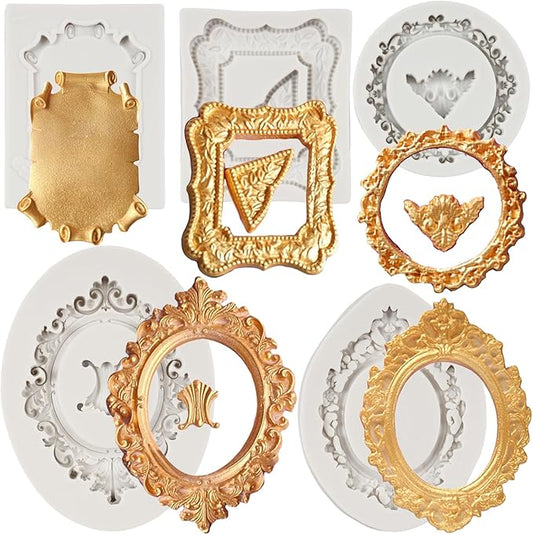 Picture Frames Silicone Molds Photo Frame Fondant Mold Baroque Frame Molds Mirror Frames Chocolate Molds For Cake Decoration Cupcake Topper Candy Polymer Clay Gum Paste Set of 5