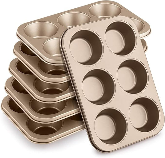 Blushtier 6 Pack Jumbo Nonstick Muffin Baking Pan Muffin Tins Heavy Duty Cupcake Tin Gold Carbon Steel Cup Cake Tray for Baking Cupcakes, Dishwasher Safe Small Muffins Tarts