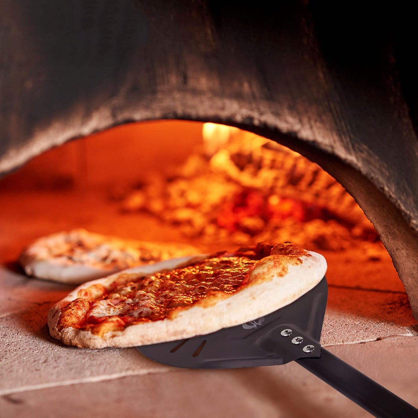 Pizza Turning Peel 9 Inch Perforated Pizza Peel and Pizza Brush Ash Rake 4 Piece Wood Fired Commercial Pizza Oven Utensil Kit with 40-Inch Aluminum Handle
