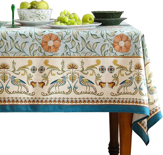 patdrea Designer French Linen Blue Tablecloth for Rectangle Table,Vintage Floral Table Cloth,Colorful Decoration Fall Cover Kitchen Dining for Thanksgiving,Tea Party,Christmas,63"x102"-Wensel