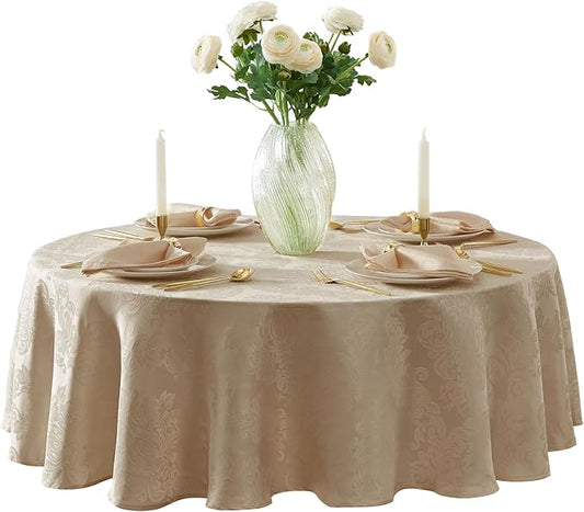Newbridge Barcelona Luxury Damask Fabric Tablecloth, 108” Round, Golden Beige, 100% Polyester, No Iron, Soil Resistant Dining Room, Party and Banquet Table Cover