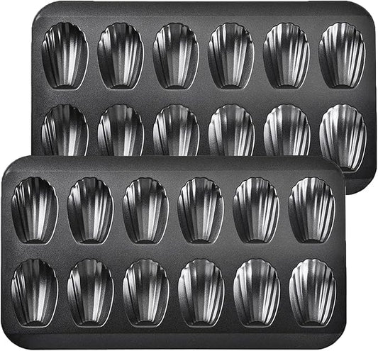 Madeleine Pans for Baking (2-Pack) 12 cup Madlen Mold Makes Shell Shape Cake Cookies Nonstick Carbon Steel Madeline Tray for Oven Black