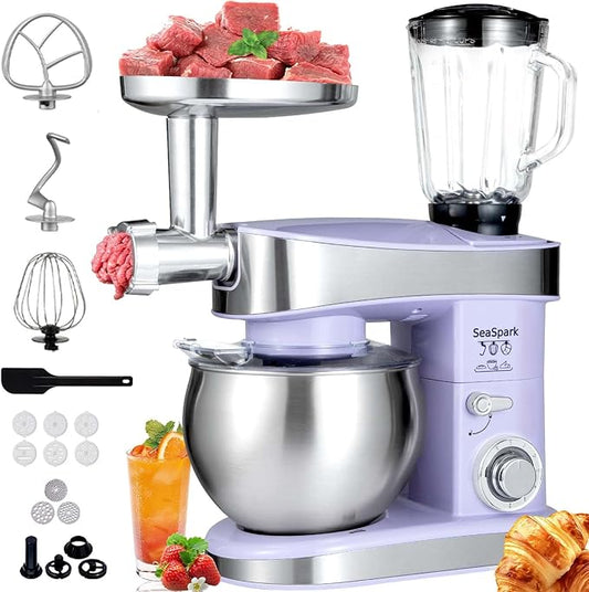 Multifunctional Stand Mixer, 6 in 1 Stand Mixer, 6.3Qt Tilt-head, Standing Mixer with Stainless Steel Bowl, Meat Grinder, Juice Blender, for professional Baking and Most Home Cooks, Purple