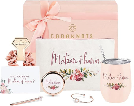 CARAKNOTS Matron of Honor Proposal Gift Box Set, Will You Be My Matron of Honor Gift, Pink Ready to Gift Bridesmaid Box with 12 oz Stainless Steel Tumbler, Bridal Party Bachelorette Wedding Favor
