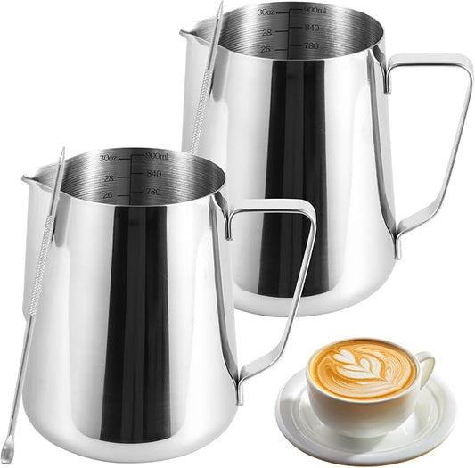 2 Pack Milk Frothing Pitcher 900ml 32oz Steaming Pitchers Stainless Steel Milk/Coffee/Cappuccino/Latte Art Steam Pitchers Milk Jug Cup with Art Pen(2)