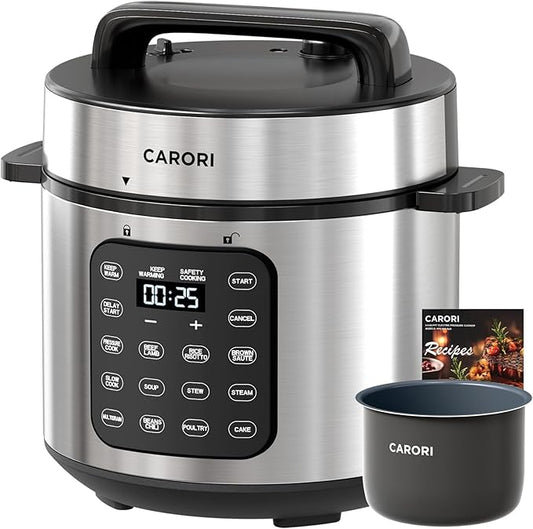 CARORI Electric Pressure Cooker 6 Quart Silver, Non-stick Pot, 9-in-1 Instant Pot, 12 Preset Functions with Touchscreen, Safe Steam Release, Stew, Slow Cook, Rice, Sauté, Warmer