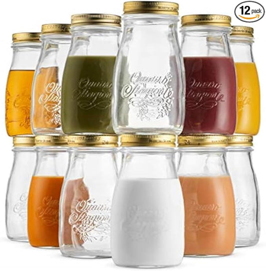 Bormioli Rocco Quattro Stagioni Bottle (Set of 12), Embossed Glass Jars with Twist Top Lid, Ideal for Canning, Dry Storage, Gift Ideas - 6.75 Oz. Glass Bottles, Dishwasher Safe - Made in Italy