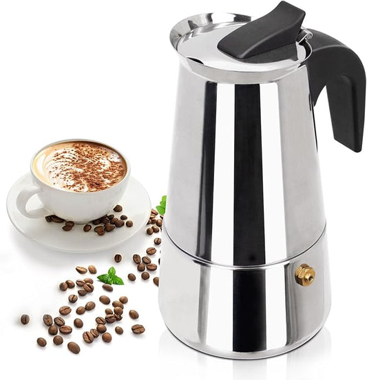 2 Cup 100ml Moka Pot Stainless Steel Espresso Coffee Maker Stovetop Coffeemaker Italian Classic Style Brewing Greca Cafe Mocha Machine for Cafeteras Lover Camping Travel and Home Use 3.3oz