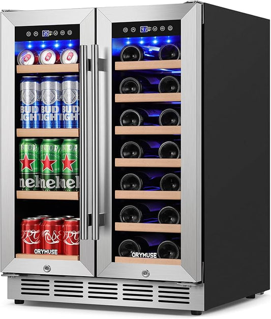 ORYMUSE 24 Inch Dual Zone Wine and Beverage Refrigerator, Built-in or Freestanding Cooler with French Doors, Under Counter Drink Fridge with Upgraded Compressor for Beer, Wine, and Soda