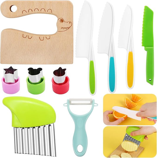 10PCS Kids Knife Set, Toddler Safe Knives for Real Cooking, Serrated Edges, Kids Cooking Utensils, Kitchen Tools for Toddlers, Potato Slicers, Cake Scraper