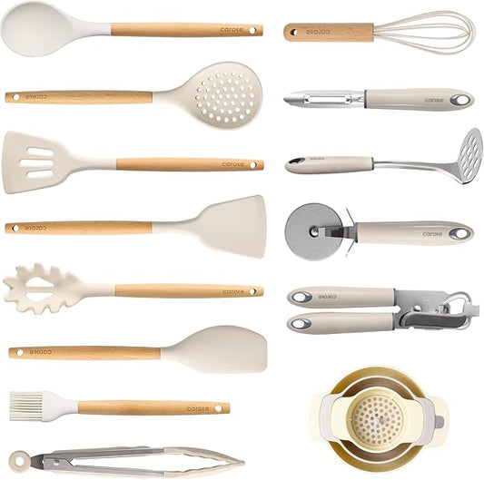 CAROTE Silicone Cooking Utensils Set, Kitchen Utensils Set 16 Pcs for Cooking,BPA Free Spatula Set,446 ℉ Heat Resistant Wood Handles for Nonstick Cookware (Cream White)