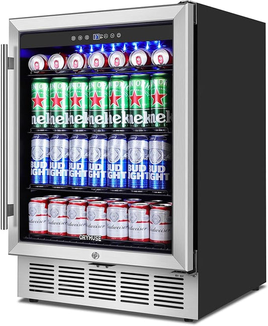 ORYMUSE 24" Beverage Refrigerator, 180 Can Under Counter Drink Cooler with Glass Door & Lock, Built-in or Freestanding Mini Fridge with Quiet Compressor Cooling for Beer, Soda & Wine