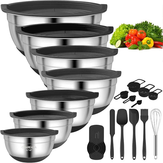 CHAREADA Mixing Bowls with Airtight Lids, 18pcs Stainless Steel Nesting Colorful Mixing Bowls Set Non-slip Silicone Bottom, Size 4.5, 3.6, 2.7, 2.1, 1.7, 1.1, 0.7 qt, Fit for Mixing & Serving (Black)