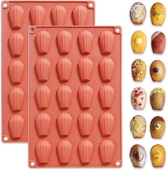 Silicone Madeleine Pan, Set of 2, Nonstick Madeleine Baking Pan, 20 Cavity Shell Shaped Molds for Cake, Cookie, Chocolate, Dessert, Mousse, Brownie, Bread