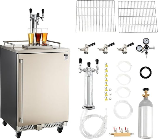 VEVOR Beer Kegerator, Triple Tap Commercial Draft Beer Dispenser for D system, Full Size Keg Refrigerator with 5lbs CO2 Tank, Hold 3 Sixth/2 Slim/3 Ball lock keg (3 taps - D system - stainless steel)