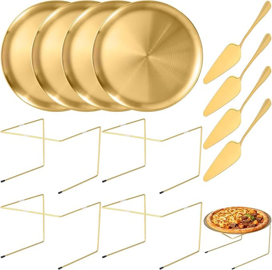 12 Pcs Pizza Pan Riser Stands Sets Includes 4 Metal Pizza Table Stands 4 Pizza Pan and 4 Wood Handle Pie Server, Pizza Rack Stand Pizza Tray for Pizza Dessert Cheese (Gold)