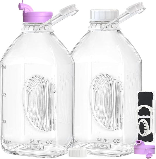 2 Pack 64 Oz Heavy Duty Glass Milk Bottle with 1 Silicone Spout and 3 Reusable Airtight SCREW LID, 2 Qt Glass Water Bottle with 2 Exact Scale Lines - Milk Jug Pitcher - 1/2 Gal Juice Bottles