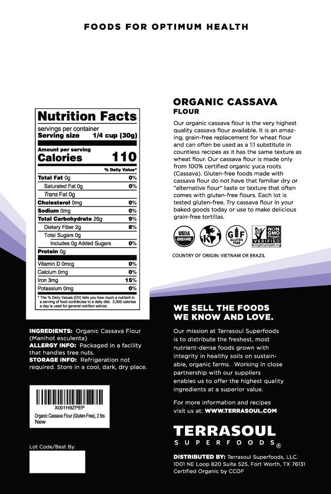 Terrasoul Superfoods Organic Cassava Flour, 2 Lbs - Tested Gluten-Free | Smooth Texture | Wheat Flour Substitute