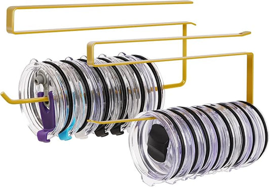 2 Pack Tumbler Lid Organizer, Horizontal Tumbler Lid Storage Hook Up to 20 Lids, Space Saving Cup Lid Holder Under Cabinet Tumbler Lid Hook for Kitchen Organizer, Paper Towel Hanger(Round&Flat, Gold)